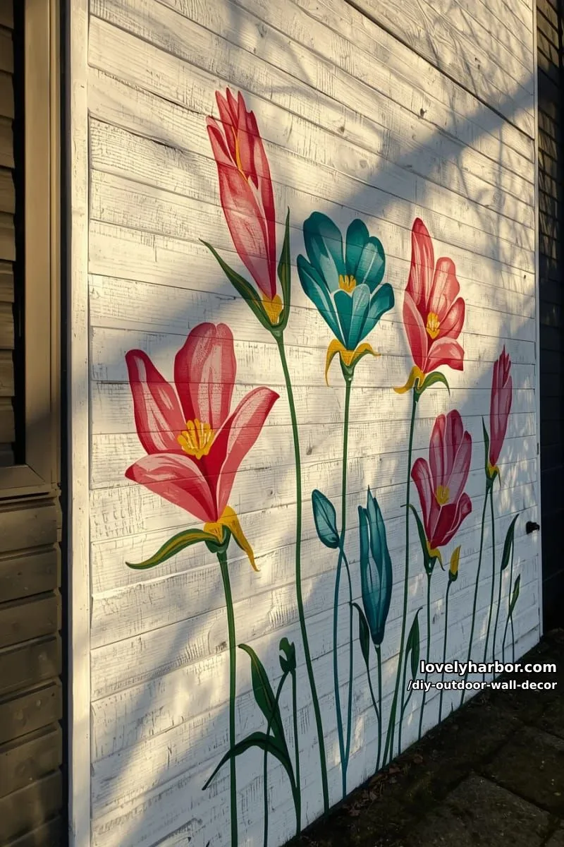 20 Easy DIY Outdoor Wall Decor Ideas You'll Love 30 painting a colorful flower mural on an outdoor building wall 1