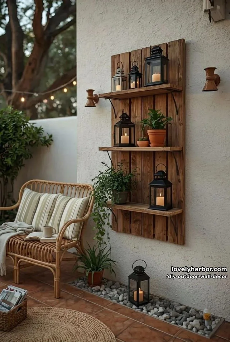 20 Easy DIY Outdoor Wall Decor Ideas You'll Love 28 pallet shelf with lanterns, candles, and plants for cozy patio ambiance 1