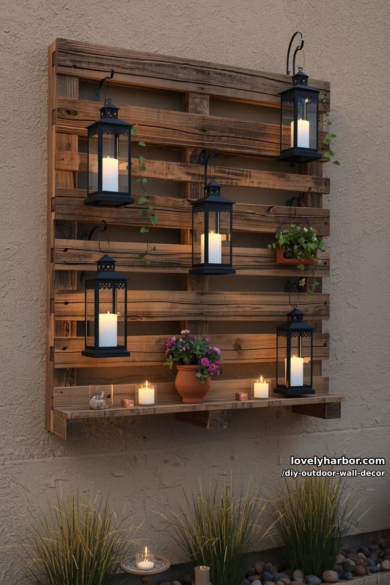 pallet shelf with lanterns, candles, and plants for cozy patio ambiance 1