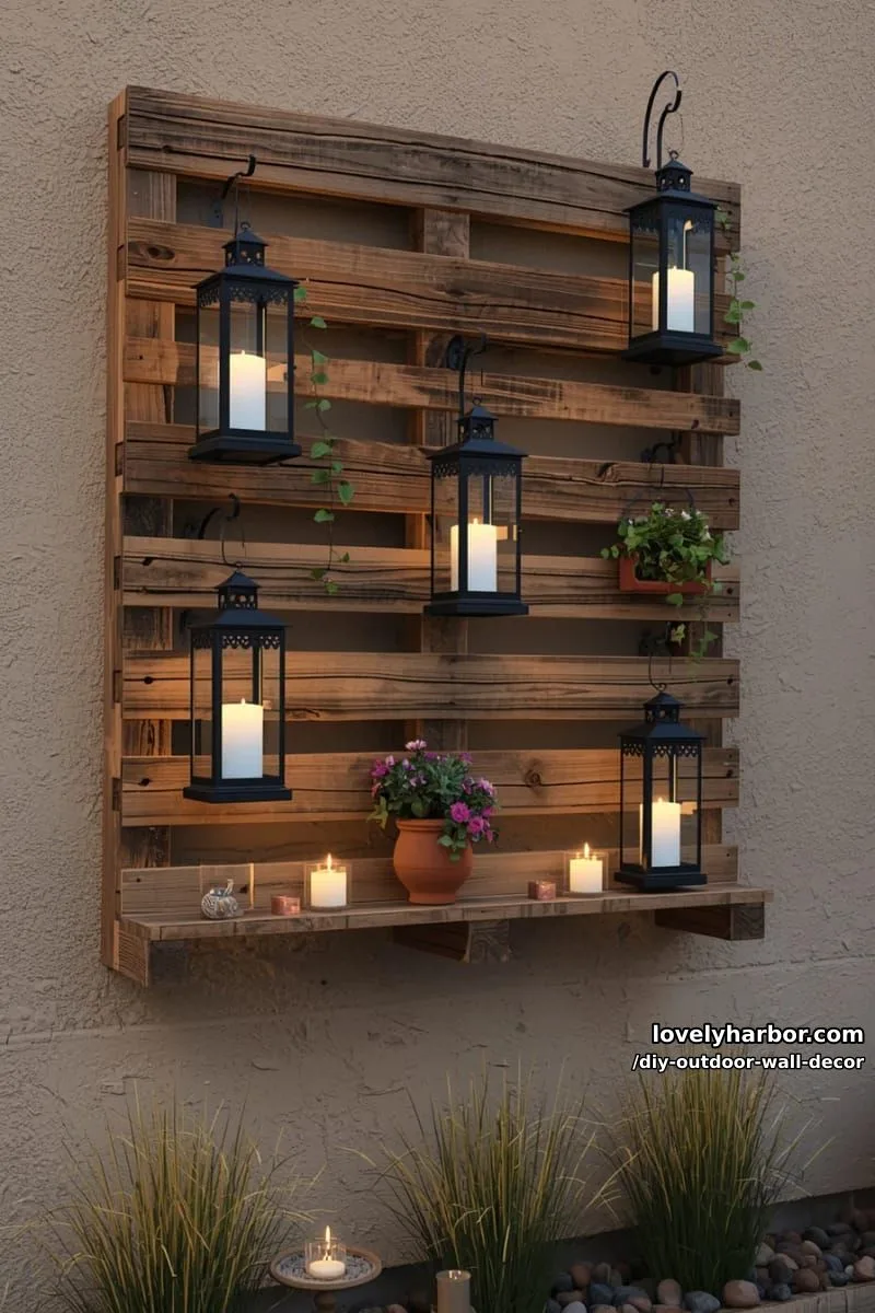 20 Easy DIY Outdoor Wall Decor Ideas You'll Love 29 pallet shelf with lanterns, candles, and plants for cozy patio ambiance 1