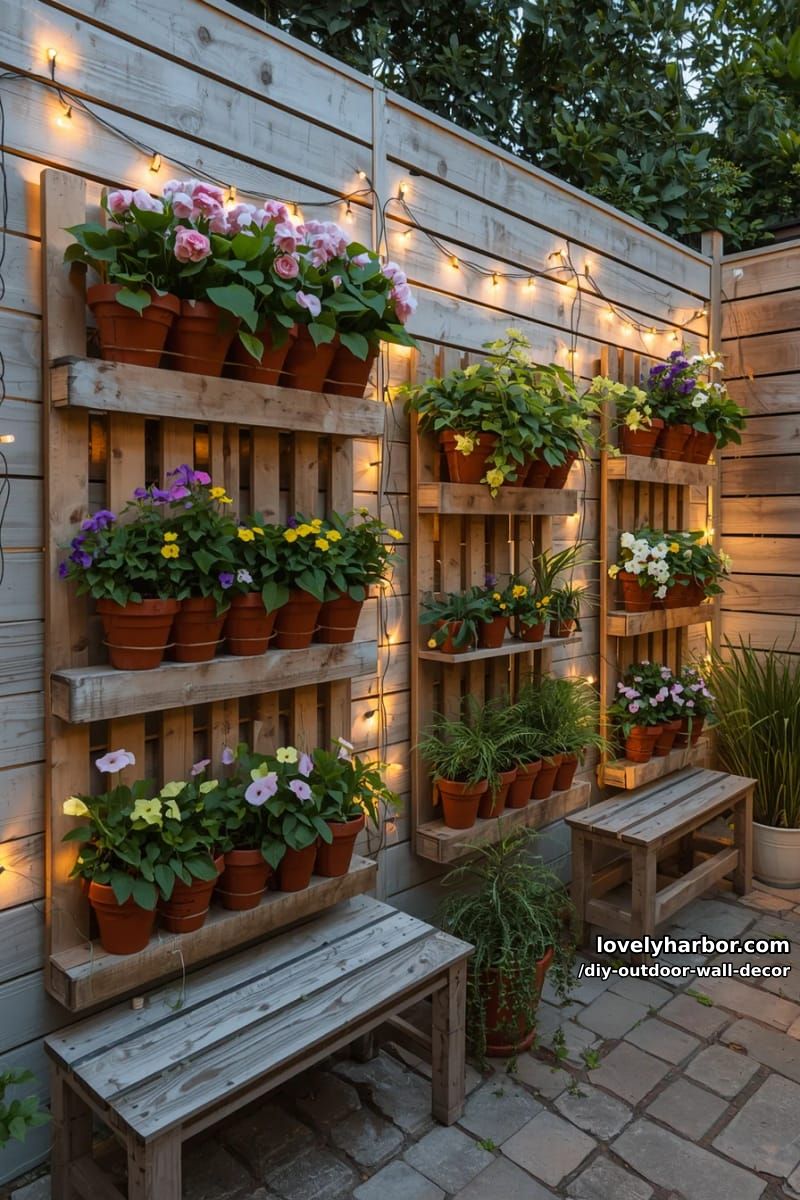 pallet vertical planters with flowers and string lights on patio wall 1