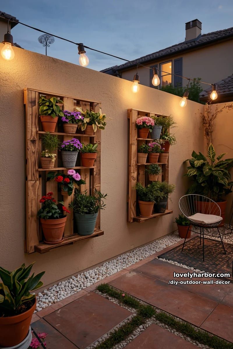 pallet vertical planters with flowers and string lights on patio wall 1