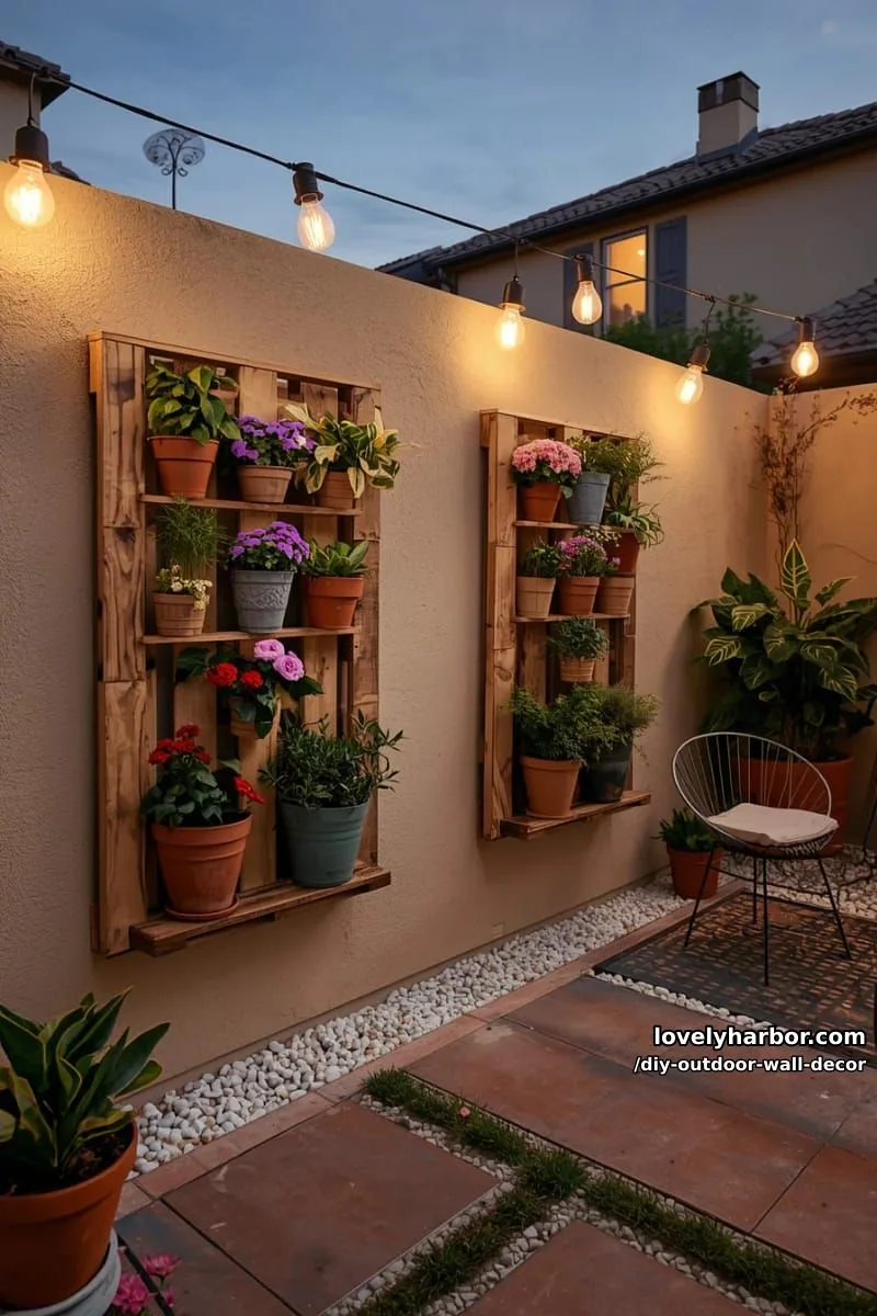 20 Easy DIY Outdoor Wall Decor Ideas You'll Love 32 pallet vertical planters with flowers and string lights on patio wall 1