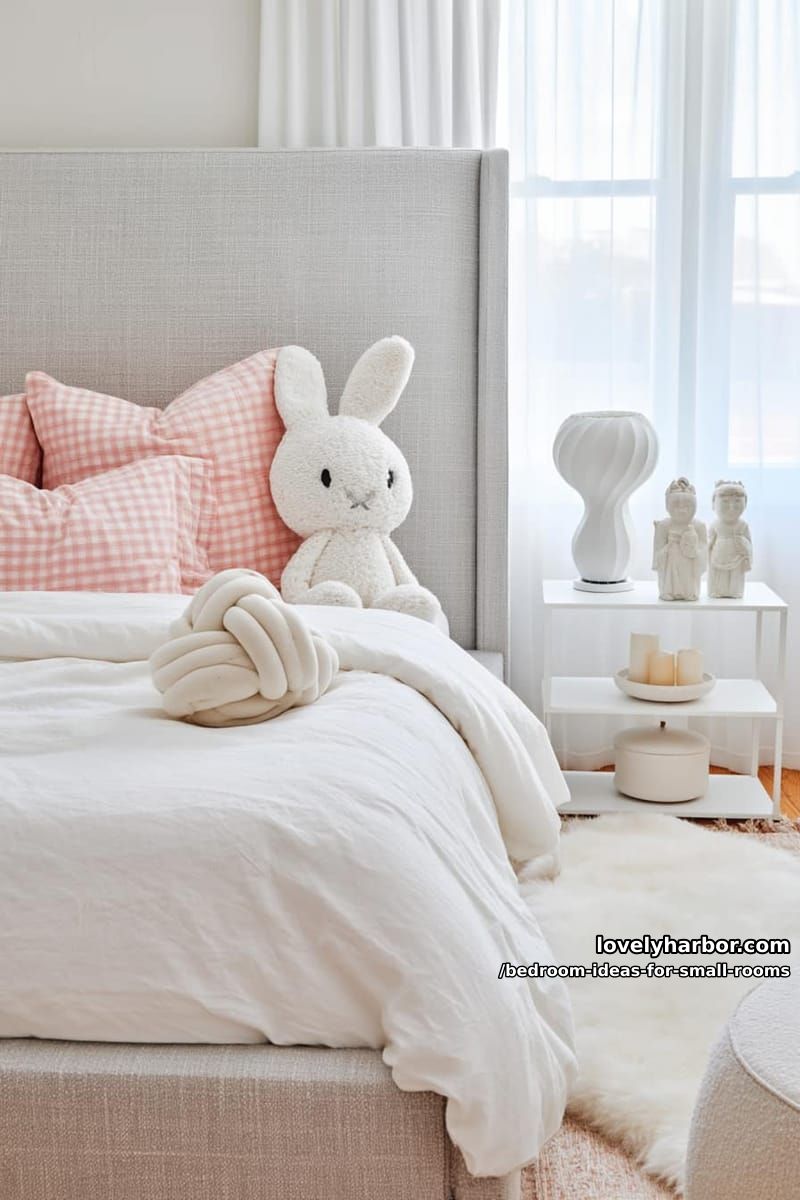 pastel-themed bedroom with soft lighting and plush decor accents. 1