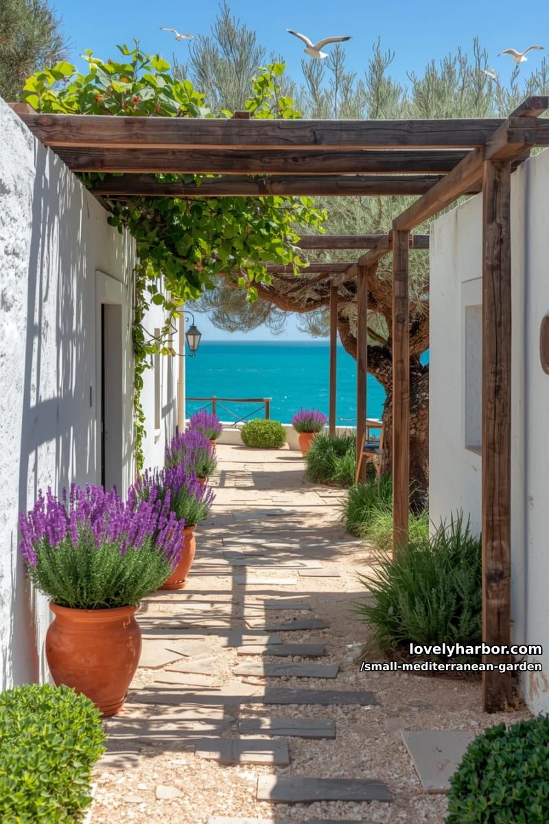 pathway with terracotta pots, lavender, pergola, sea view, coastal vibe. 1