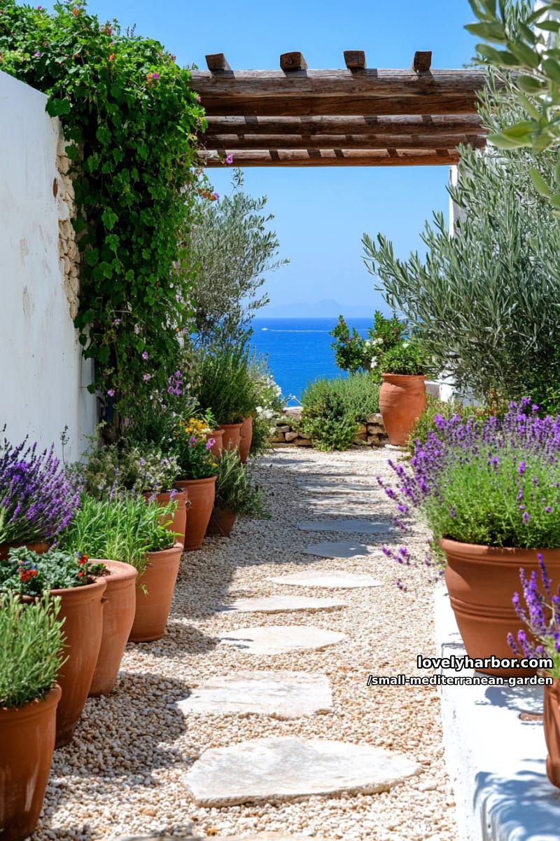 pathway with terracotta pots, lavender, pergola, sea view, coastal vibe. 1