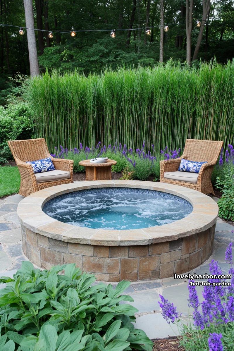 patio hot tub with bamboo, lavender, string lights, and rattan chairs. 1