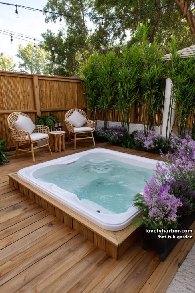 patio hot tub with bamboo, lavender, string lights, and rattan chairs. 24