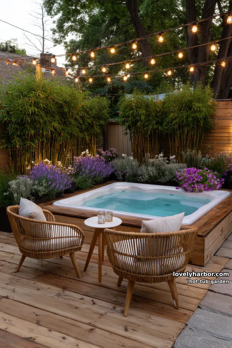 patio hot tub with bamboo, lavender, string lights, and rattan chairs. 1