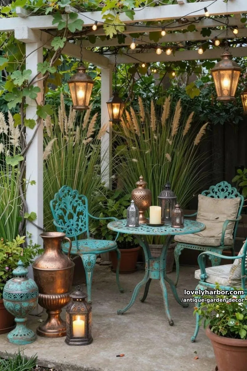 20 Antique Garden Decor Ideas for an Extraordinary Look 34 patio with antique urns, lanterns, turquoise metal furniture, and string lights. 1