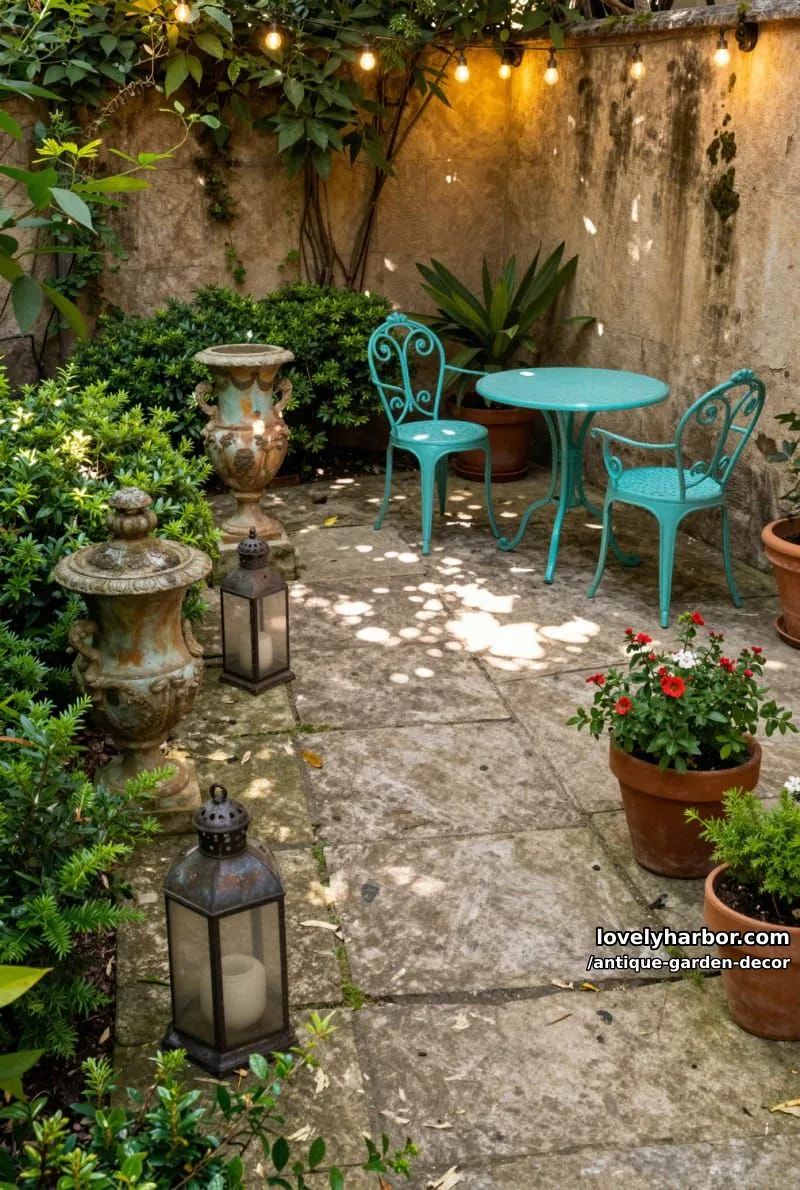 20 Antique Garden Decor Ideas for an Extraordinary Look 35 patio with antique urns, lanterns, turquoise metal furniture, and string lights. 1