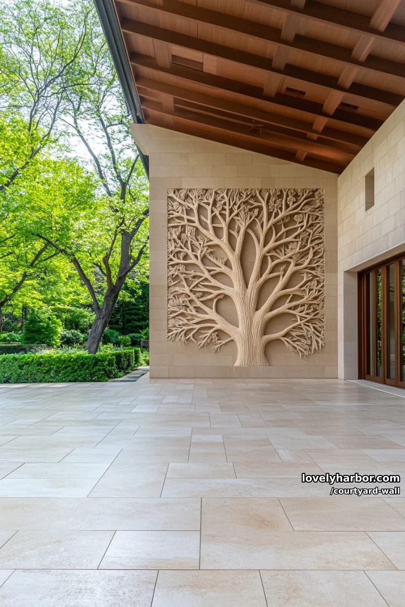 patio with carved concrete tree wall, smooth tiles, and lush garden view 1