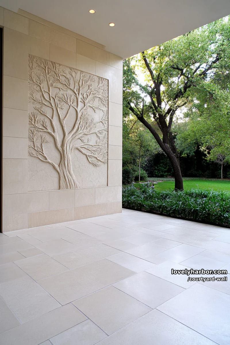 patio with carved concrete tree wall, smooth tiles, and lush garden view 1