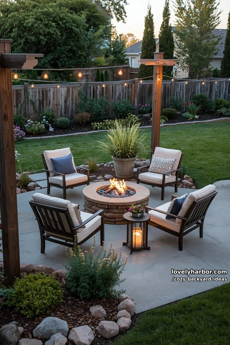 20 Cozy Backyard Ideas You Must Try 33 patio with fire pit, lounge chairs, string lights, and landscaped borders 1
