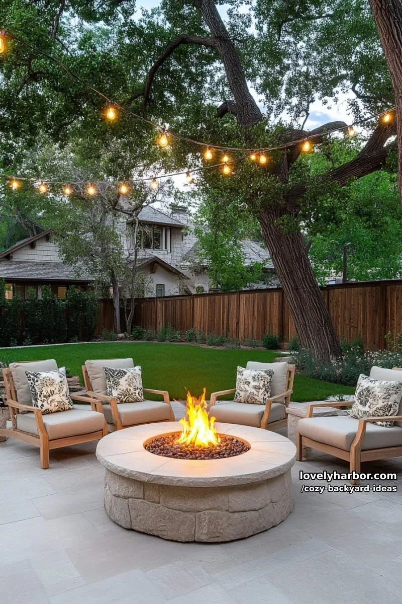 20 Cozy Backyard Ideas You Must Try 34 patio with fire pit, lounge chairs, string lights, and landscaped borders 1