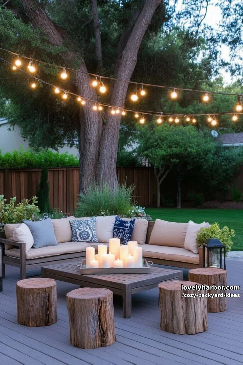 20 Cozy Backyard Ideas You Must Try 37 patio with globe string lights, wood sofas, tree stumps, and many candles 1
