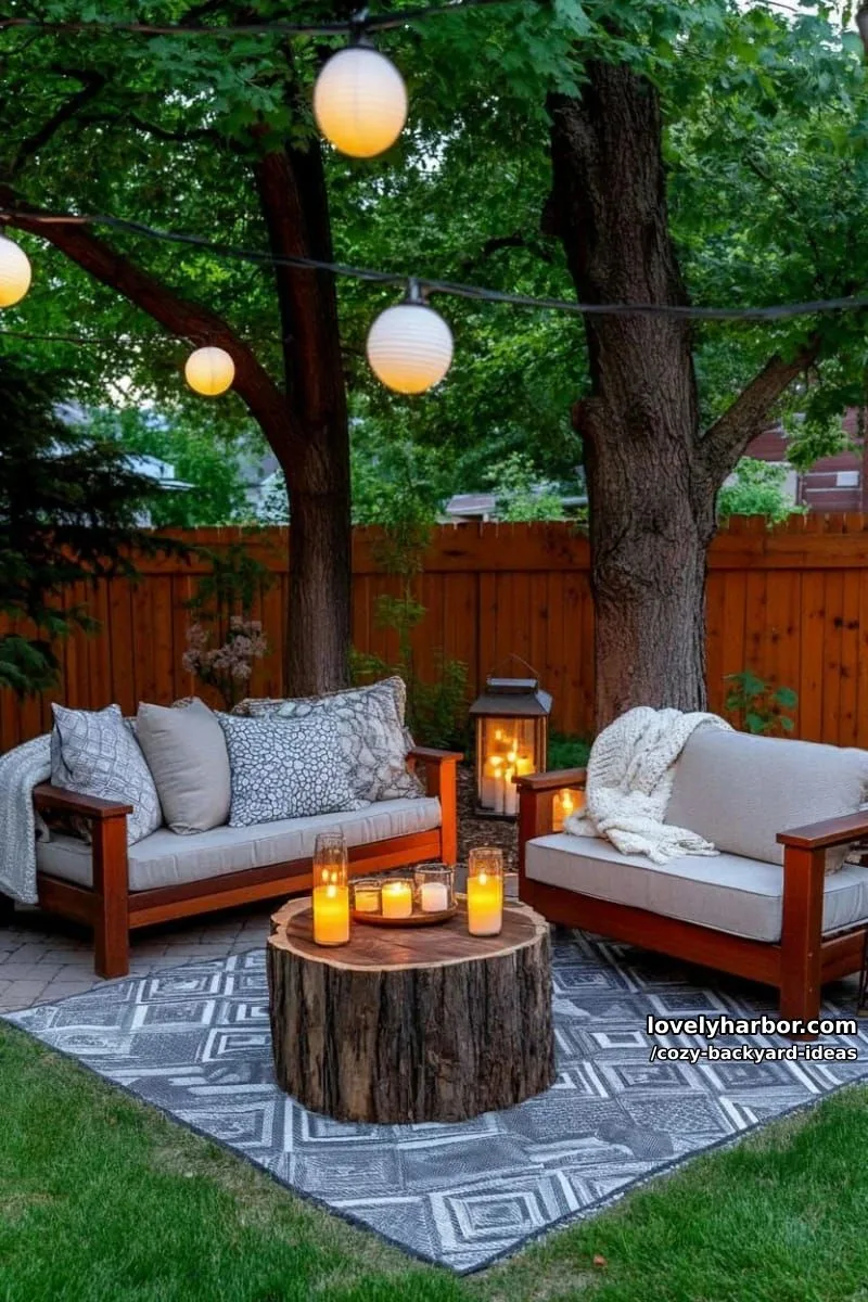 20 Cozy Backyard Ideas You Must Try 38 patio with globe string lights, wood sofas, tree stumps, and many candles 1