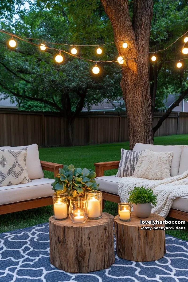 20 Cozy Backyard Ideas You Must Try 39 patio with globe string lights, wood sofas, tree stumps, and many candles 1