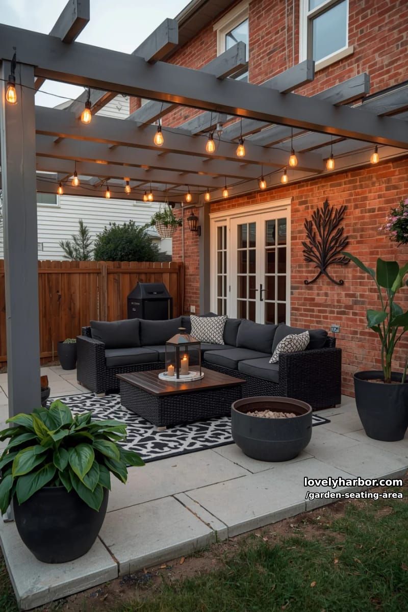patio with gray pergola, edison lights, black sectional, fire pit, and planters 1