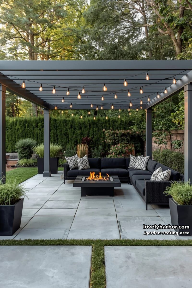 patio with gray pergola, edison lights, black sectional, fire pit, and planters 1