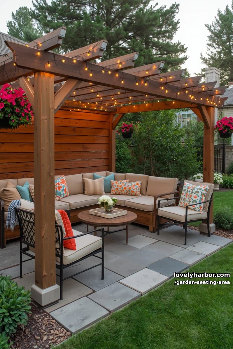 patio with plank-walled pergola, built-in bench, colorful pillows, hanging baskets 1