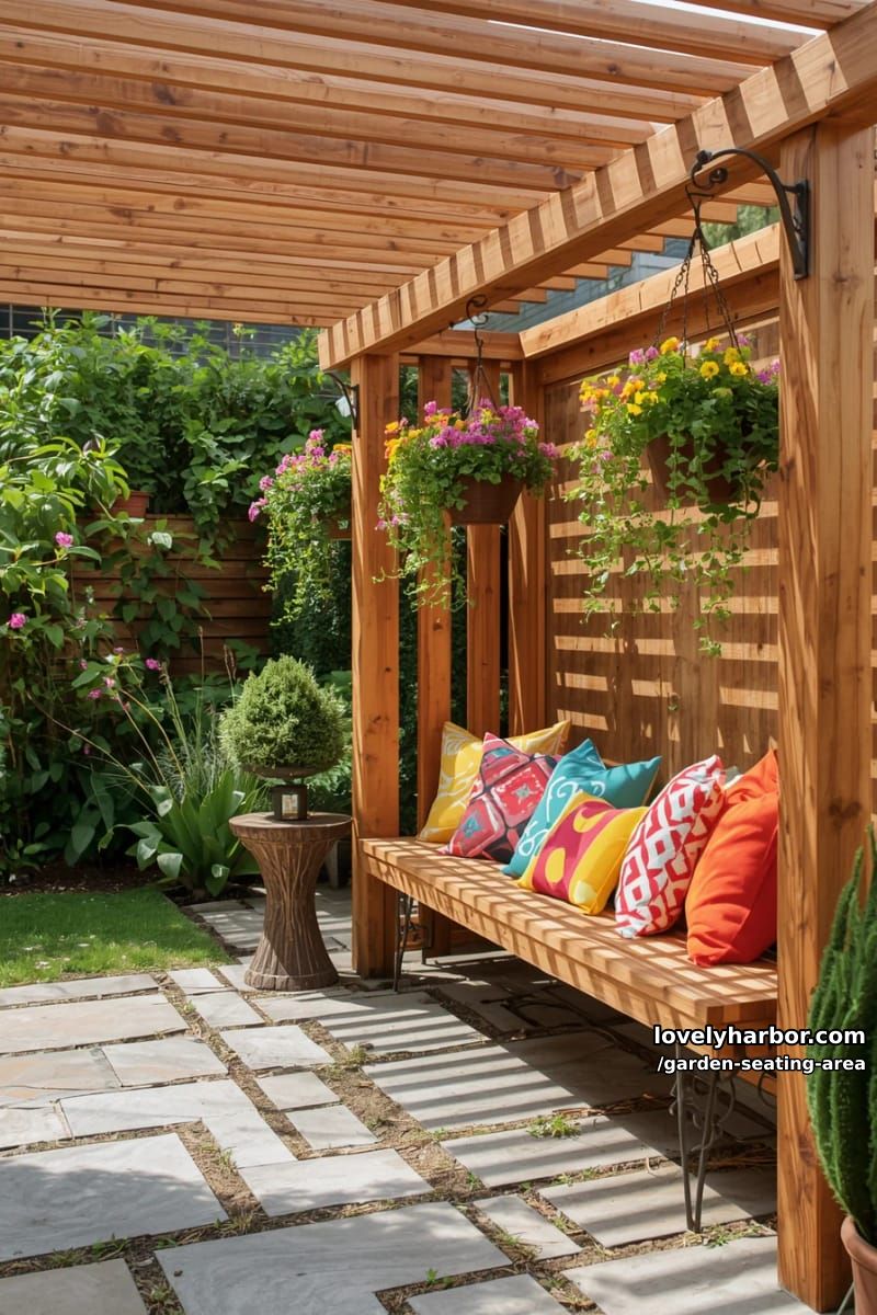 patio with plank-walled pergola, built-in bench, colorful pillows, hanging baskets 1
