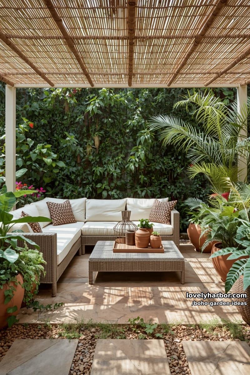 patio with sectional sofa, wicker furniture, bamboo canopy, and abundant potted plants. 1