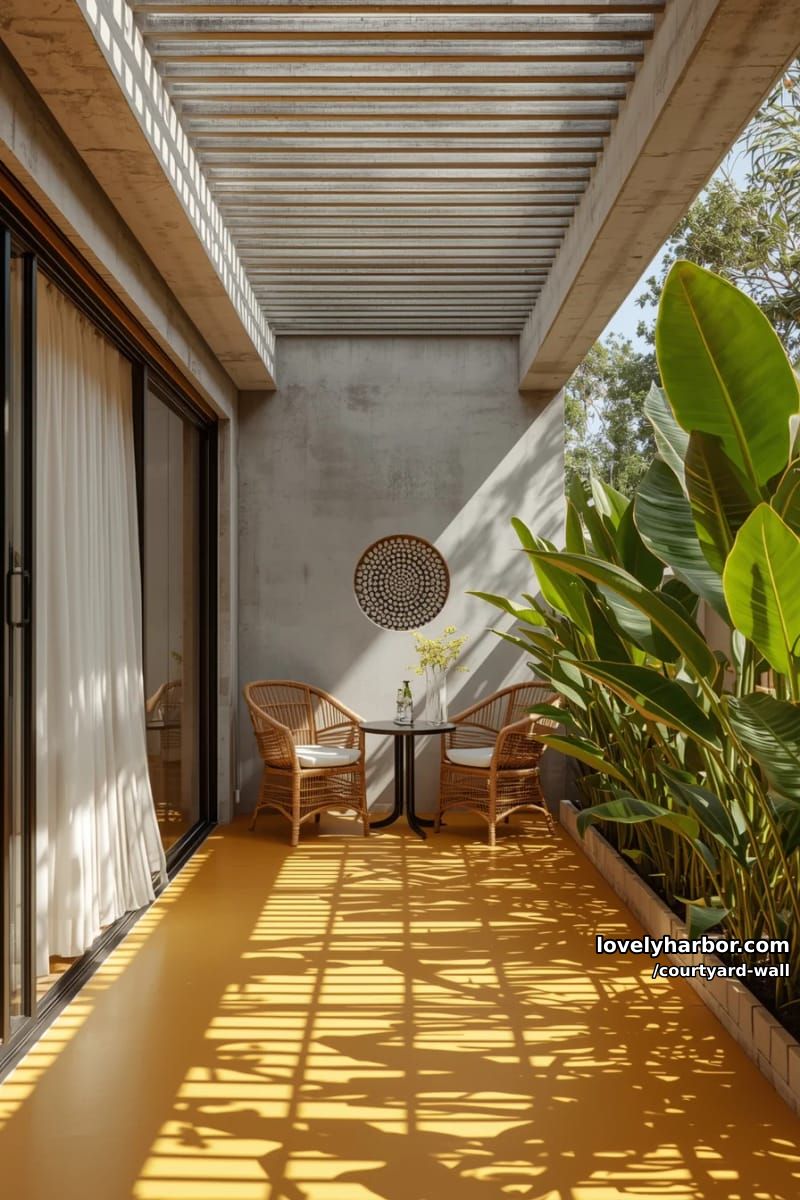 patio with slatted roof, yellow floor, lush plants, and round patterned cutout 1