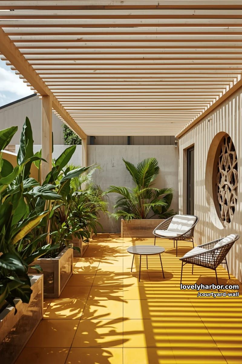 patio with slatted roof, yellow floor, lush plants, and round patterned cutout 1