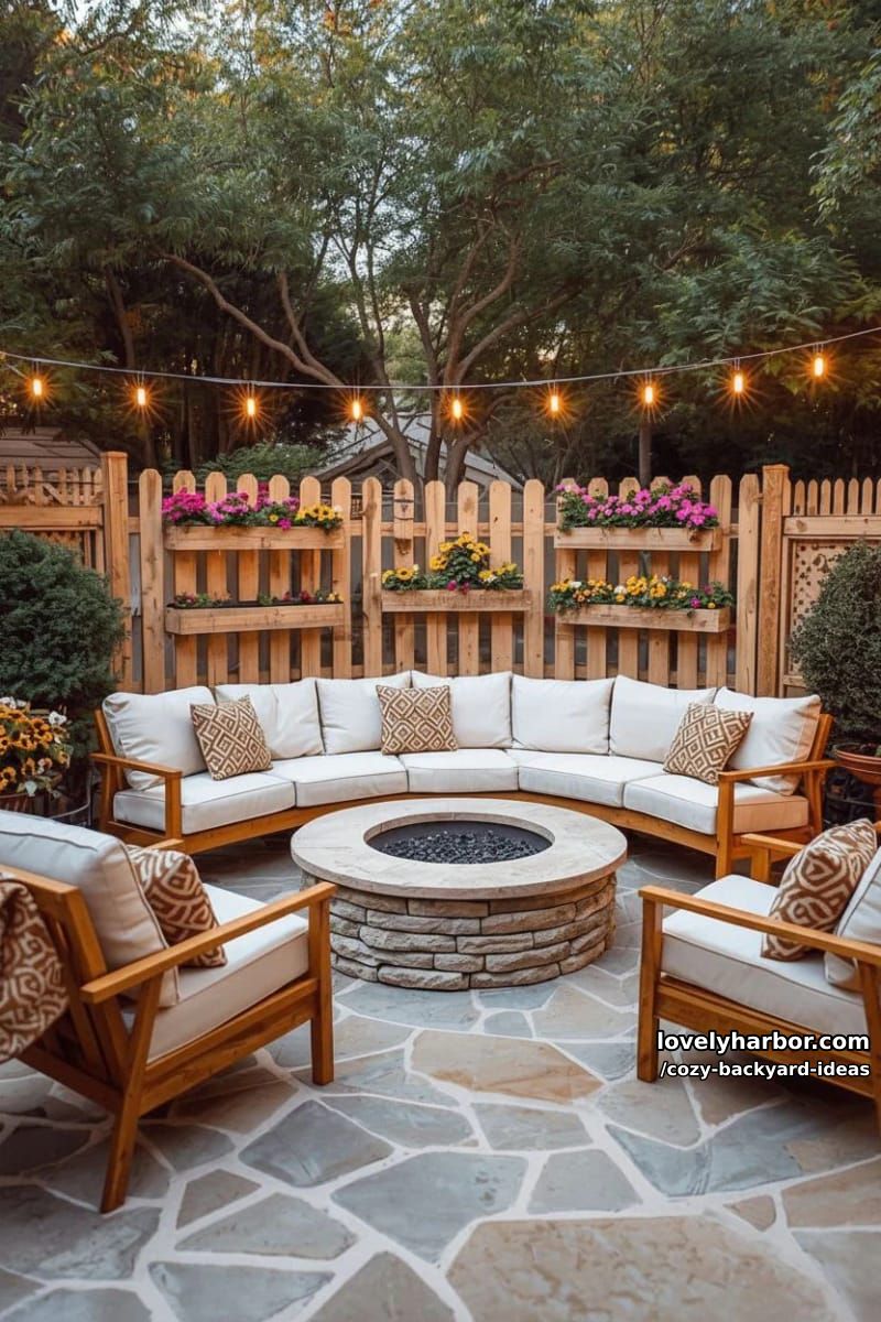 patio with stone fire pit, sectional sofa, pallet wall, and string lights 1