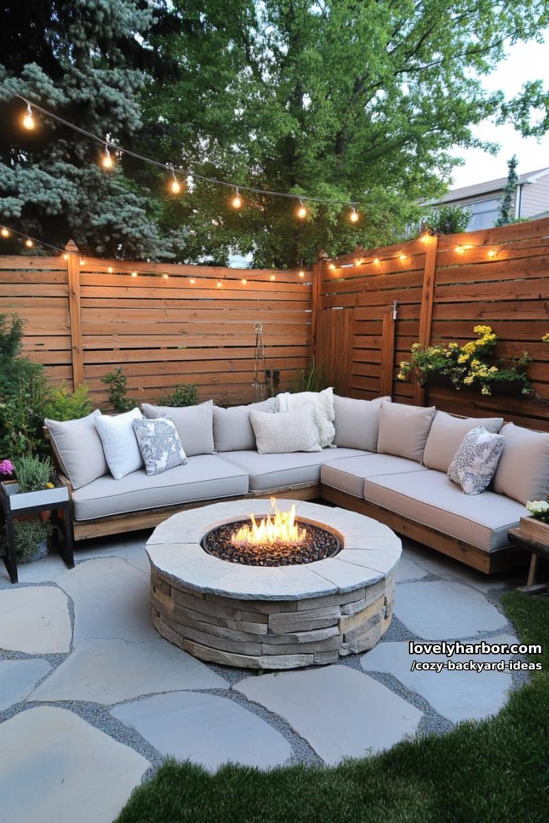 patio with stone fire pit, sectional sofa, pallet wall, and string lights 1