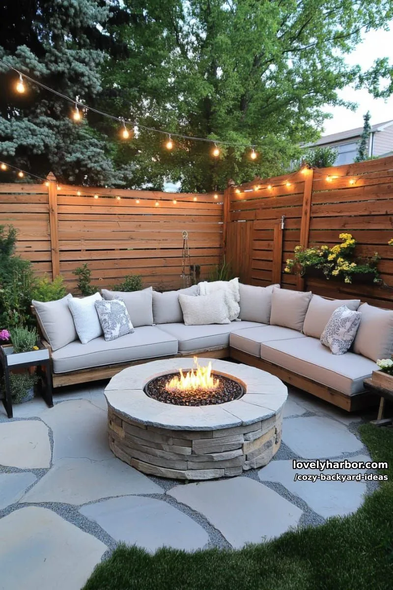 20 Cozy Backyard Ideas You Must Try 31 patio with stone fire pit, sectional sofa, pallet wall, and string lights 1
