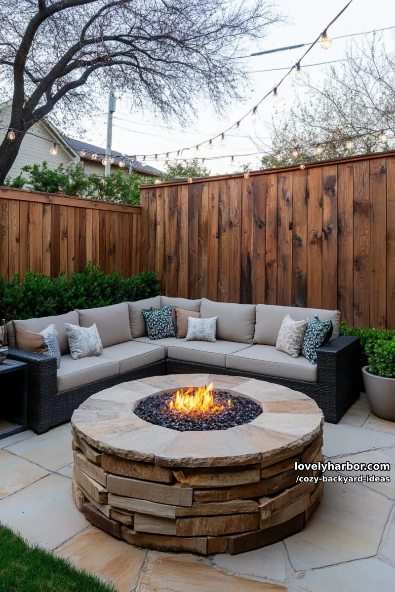 20 Cozy Backyard Ideas You Must Try 32 patio with stone fire pit, sectional sofa, pallet wall, and string lights 1