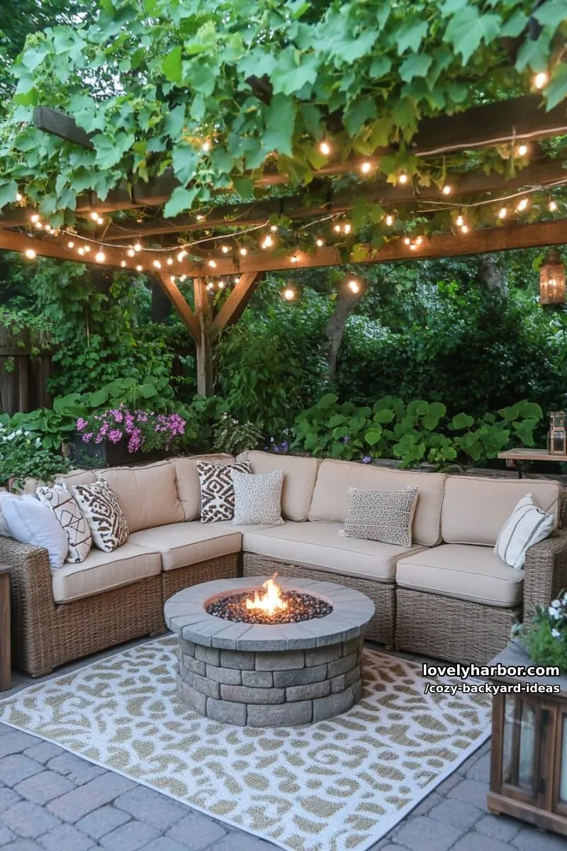 20 Cozy Backyard Ideas You Must Try 15 patio with tree canopy, string lights, l-shaped sofa, and central fire pit 1