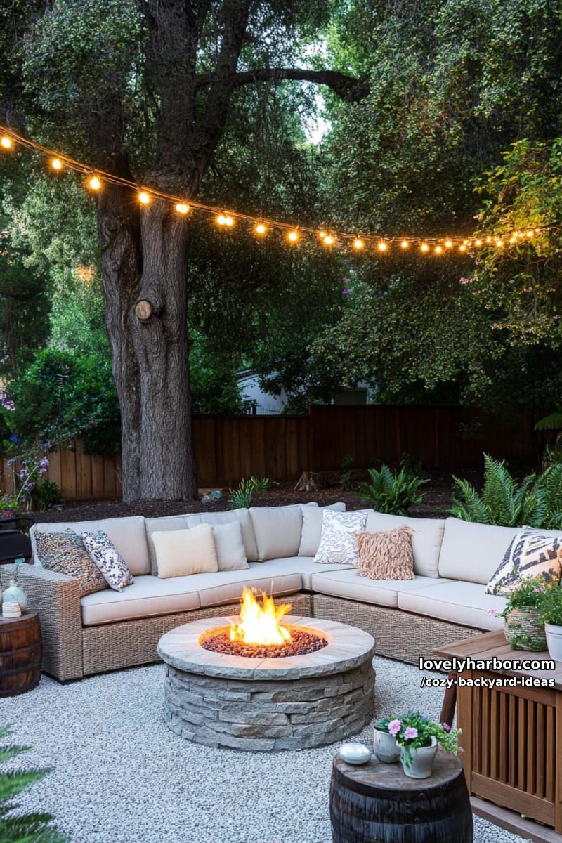 patio with tree canopy, string lights, l-shaped sofa, and central fire pit 1
