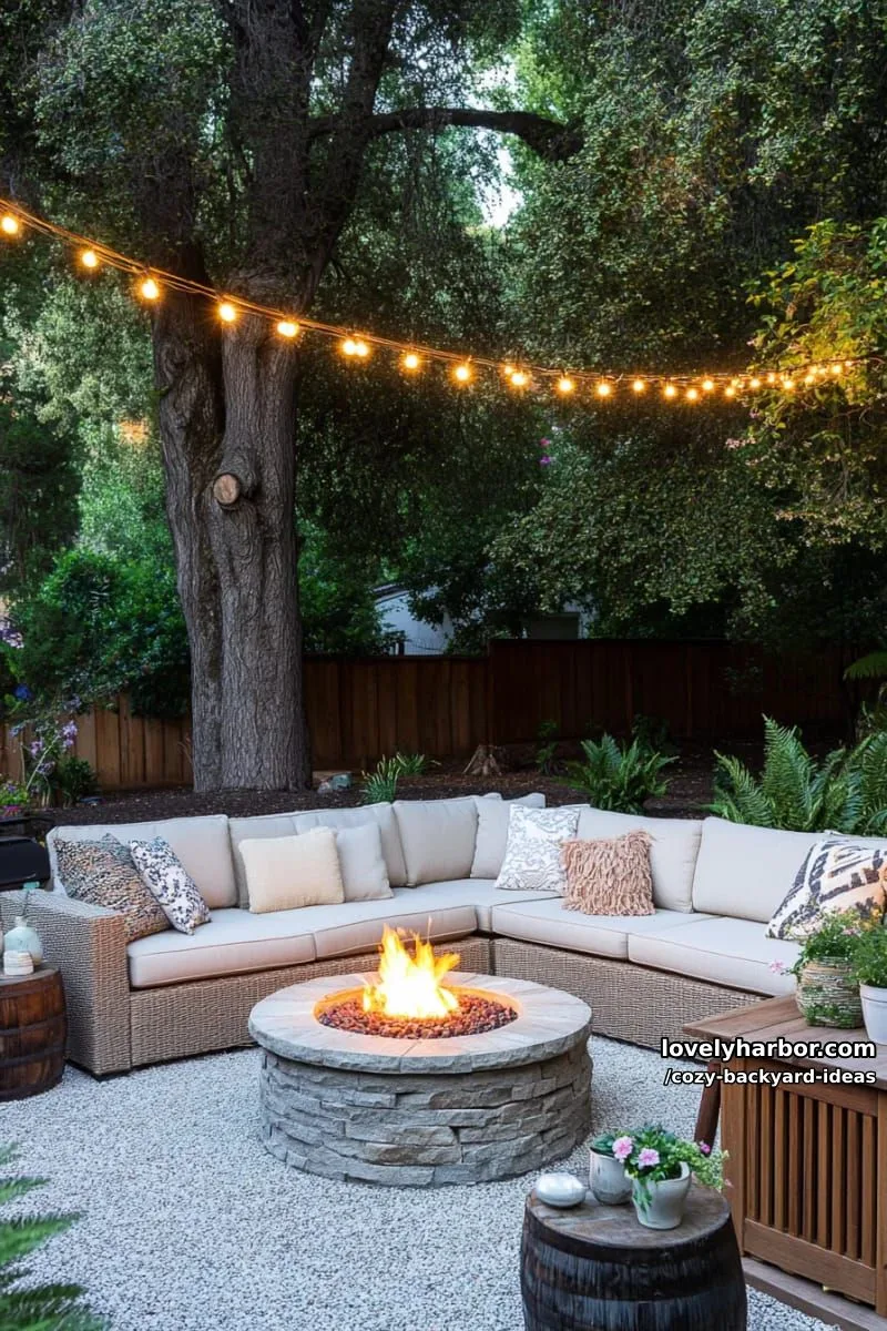 20 Cozy Backyard Ideas You Must Try 16 patio with tree canopy, string lights, l-shaped sofa, and central fire pit 1