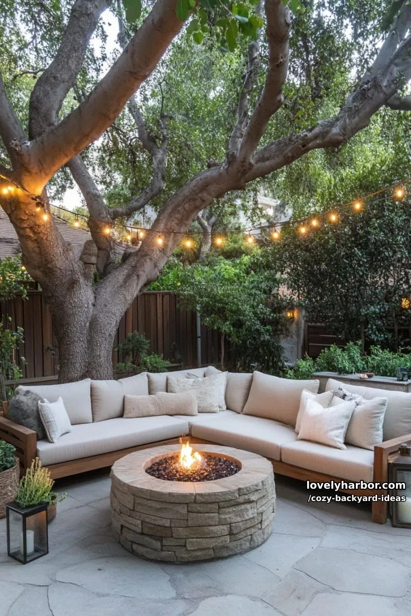 20 Cozy Backyard Ideas You Must Try 17 patio with tree canopy, string lights, l-shaped sofa, and central fire pit 1
