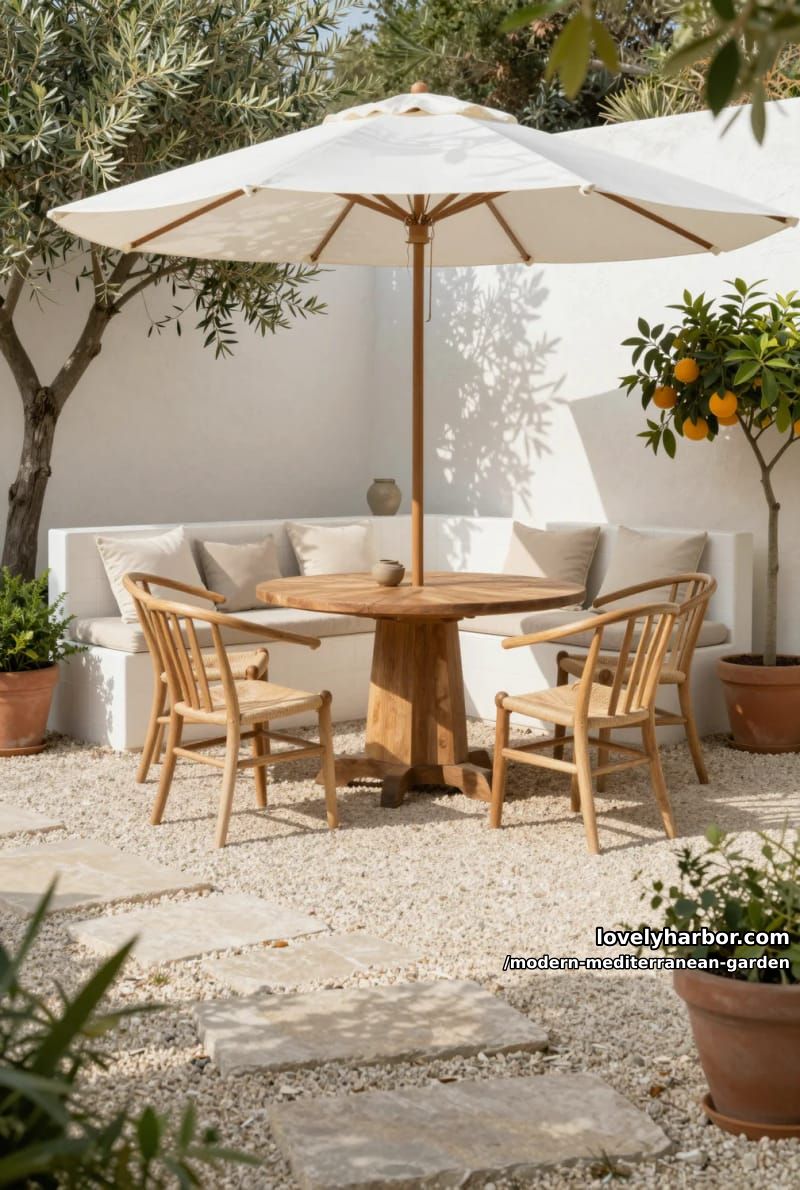 patio with white tiled bench, wood table, lush greenery, and olive tree. 1