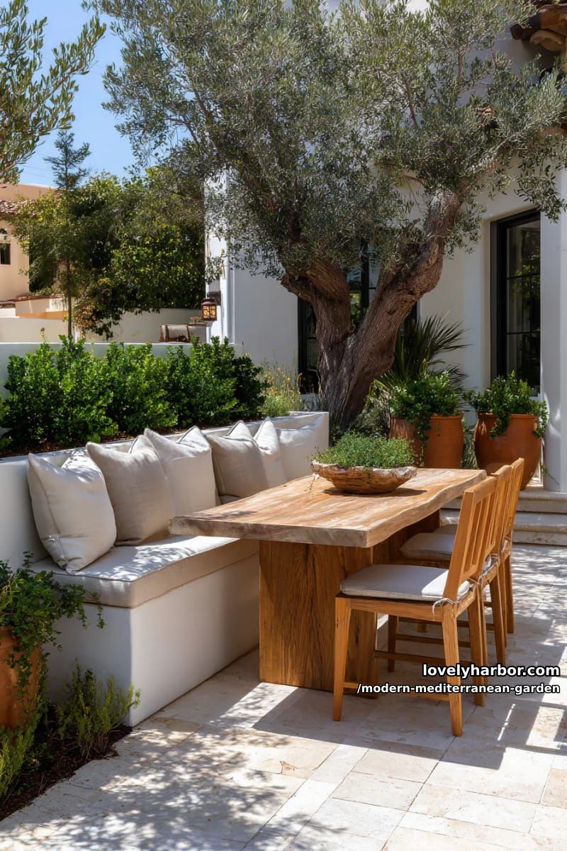 patio with white tiled bench, wood table, lush greenery, and olive tree. 1