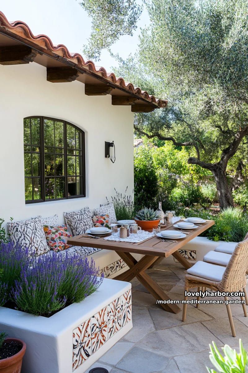 patio with white tiled bench, wood table, lush greenery, and olive tree. 1