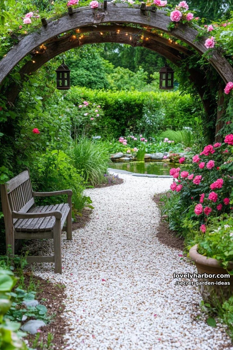 pebble pathway, rose arch, string lights, pond, and glowing lanterns. 1