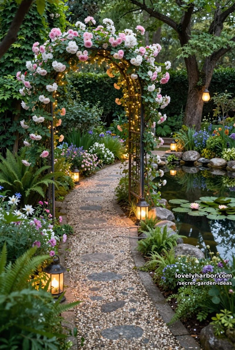 pebble pathway, rose arch, string lights, pond, and glowing lanterns. 1