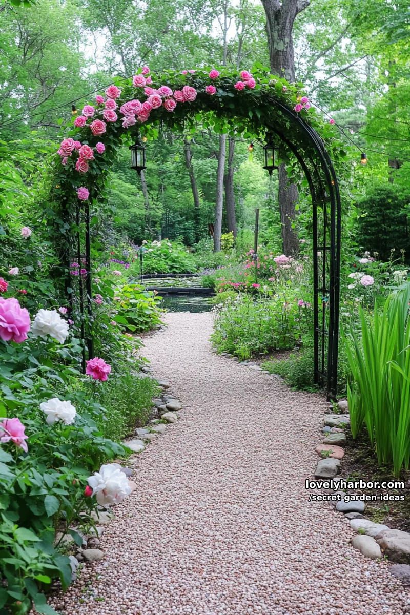 pebble pathway, rose arch, string lights, pond, and glowing lanterns. 1