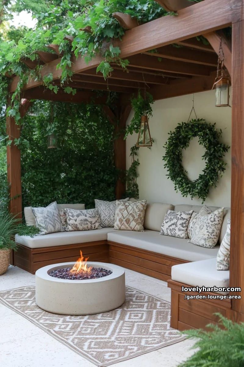 pergola lounge with built-in bench, cascading vines, and concrete fire pit 1