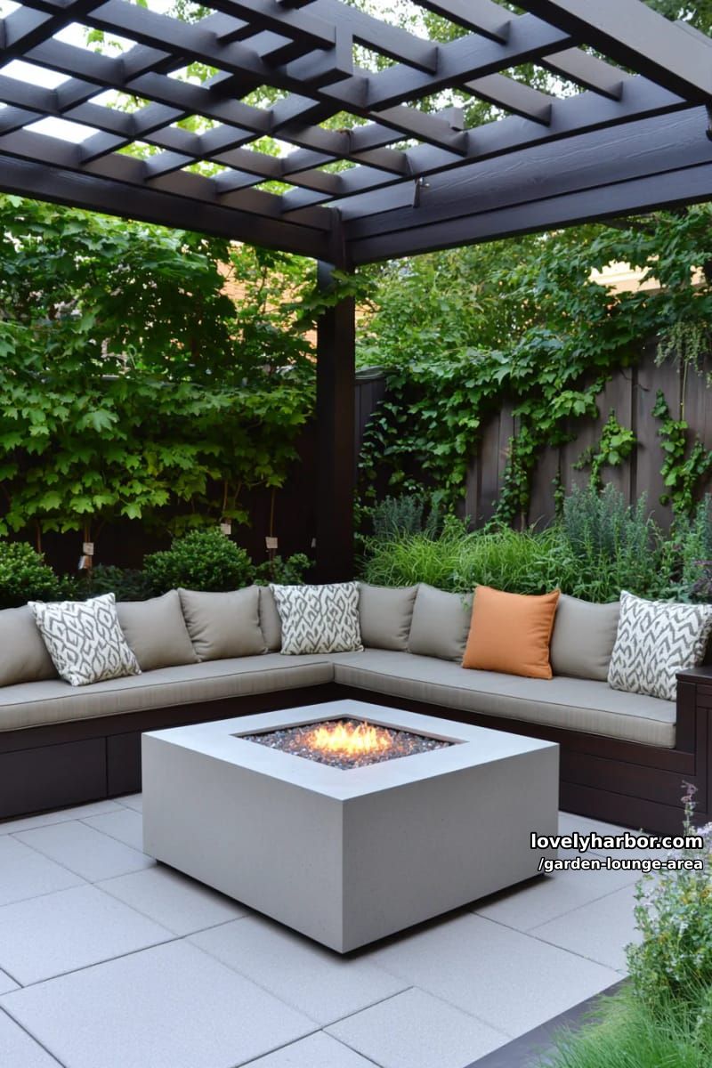 pergola lounge with built-in bench, cascading vines, and concrete fire pit 1