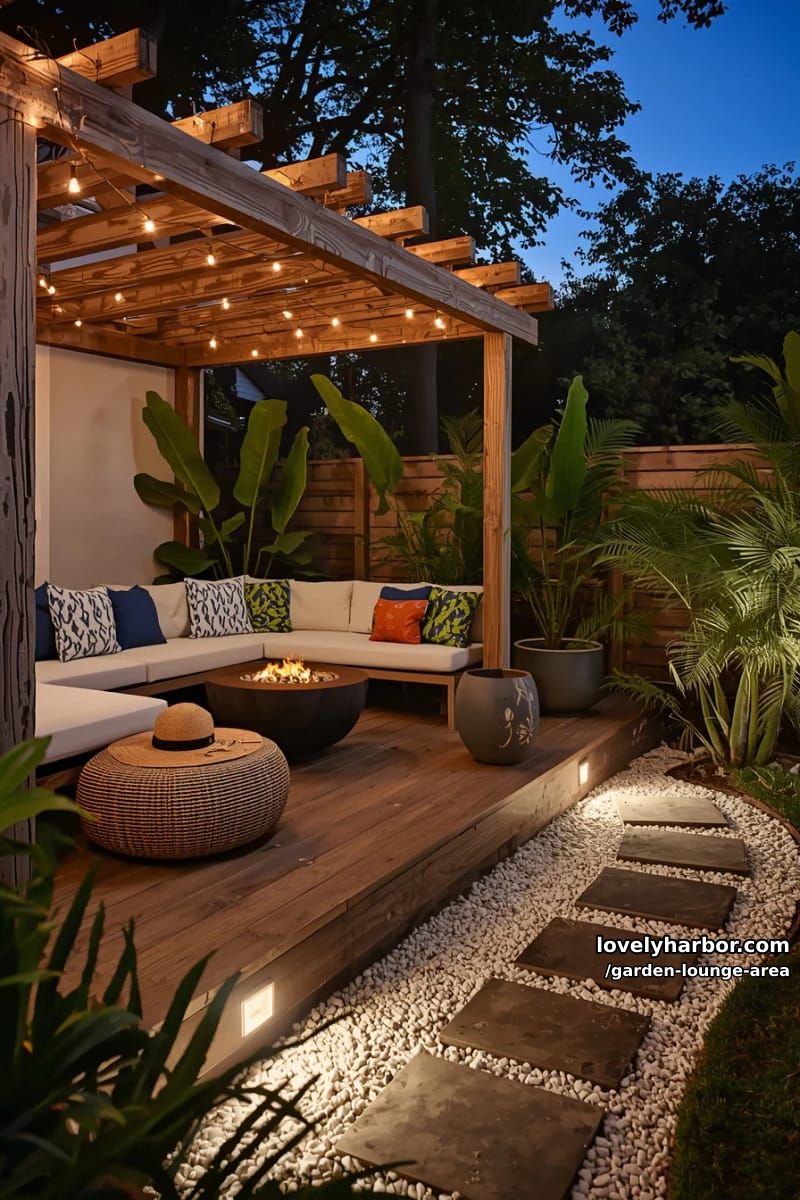 pergola patio with built-in bench, fire pit, and potted plants 1