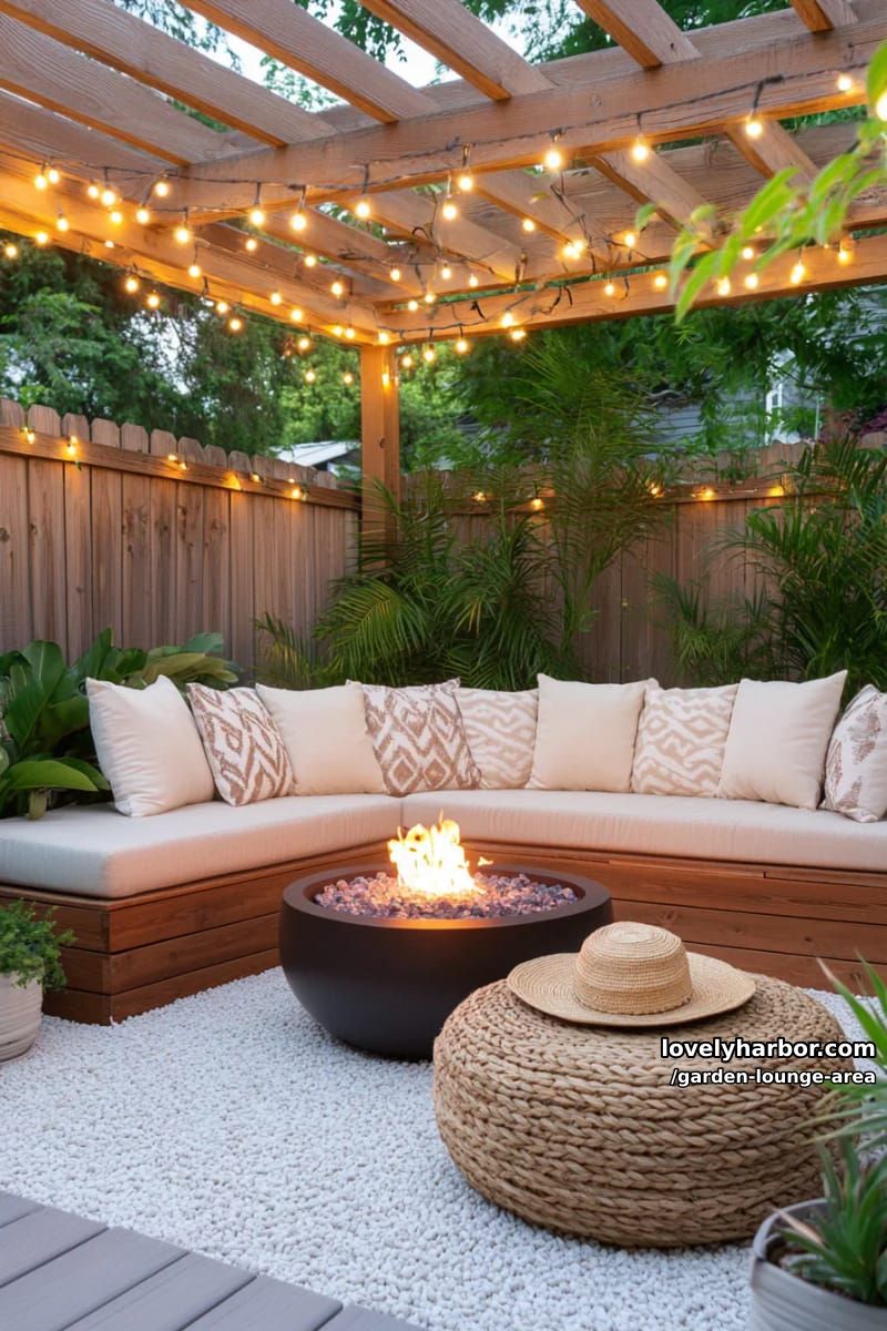 pergola patio with built-in bench, fire pit, and potted plants 1