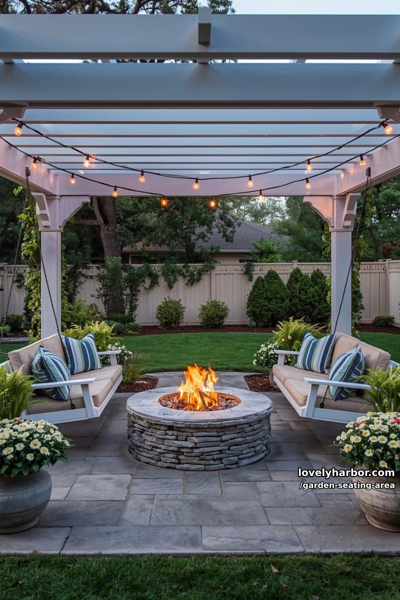 pergola patio with porch swings, stone fire pit, string lights, and planters 1