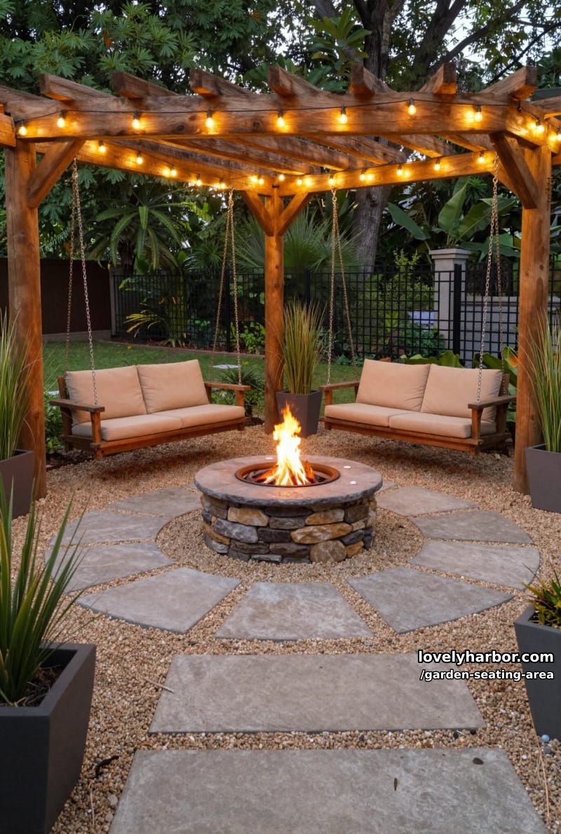 pergola patio with porch swings, stone fire pit, string lights, and planters 1