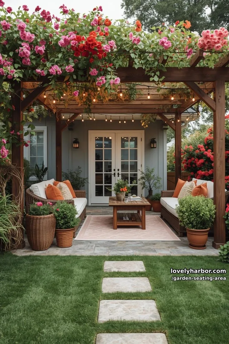 pergola patio with vines, colorful flowers, white sofa, orange pillows, and stepping stones 1